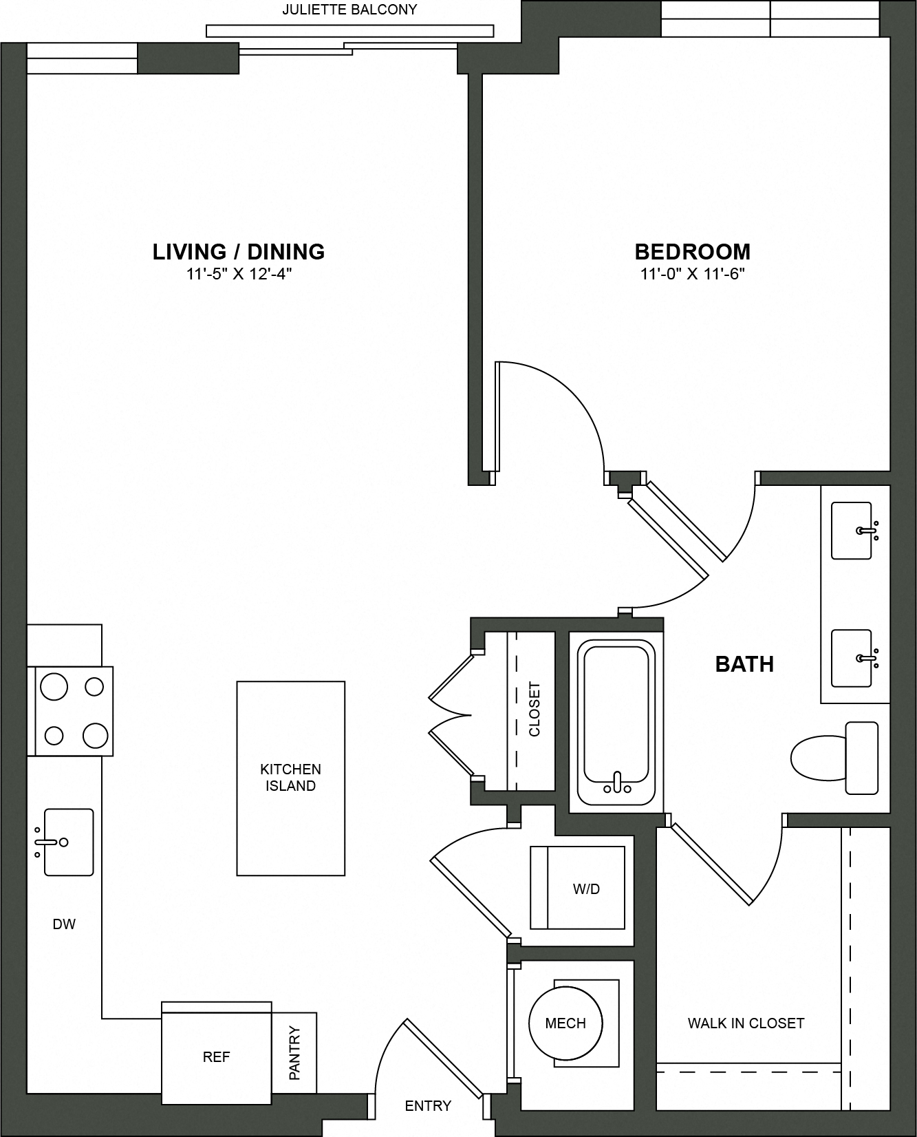 Floor plan for 1 bed, 1 bath, 727 sqft
